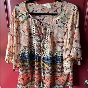Meadow Rue anthropology Peach & Navy Mixed-Print Crochet-Trim Tunic L